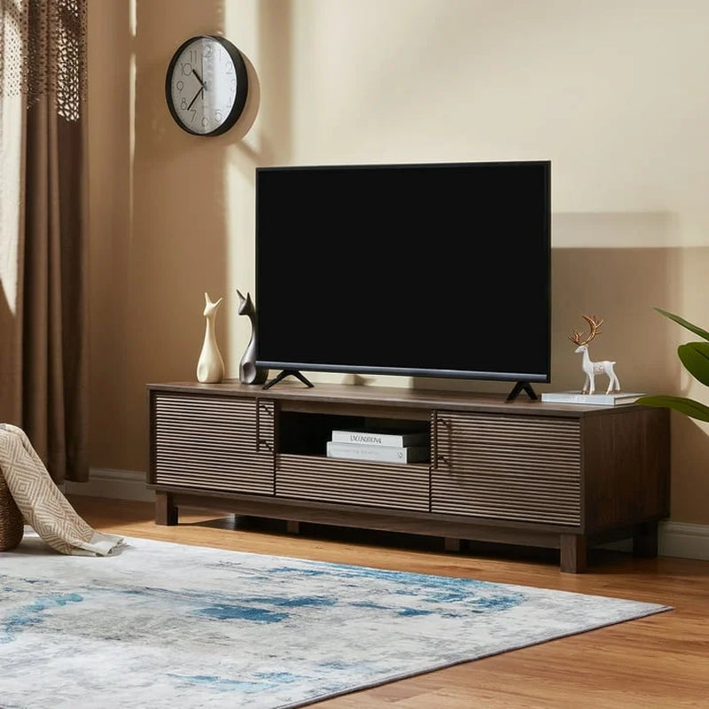 Mid-Century Modern Low Profile Entertainment TV Stand for 70/65/60/55 Inch TV, Farmhouse Entertainment Center with 2 Fluted Door and Storage Living Room, Walnut