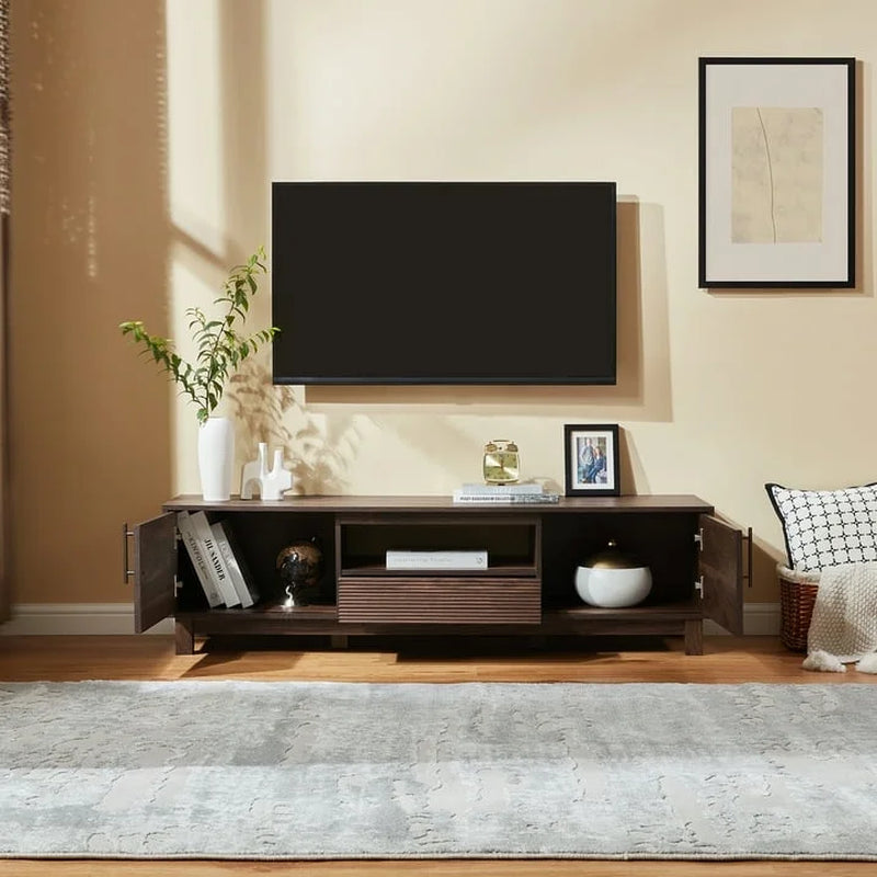 Mid-Century Modern Low Profile Entertainment TV Stand for 70/65/60/55 Inch TV, Farmhouse Entertainment Center with 2 Fluted Door and Storage Living Room, Walnut