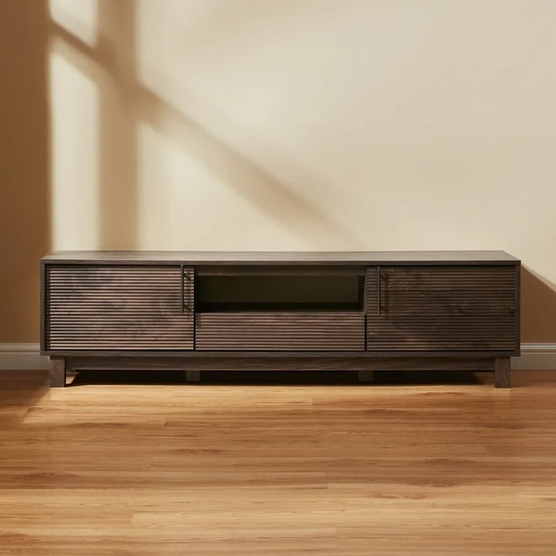 Mid-Century Modern Low Profile Entertainment TV Stand for 70/65/60/55 Inch TV, Farmhouse Entertainment Center with 2 Fluted Door and Storage Living Room, Walnut