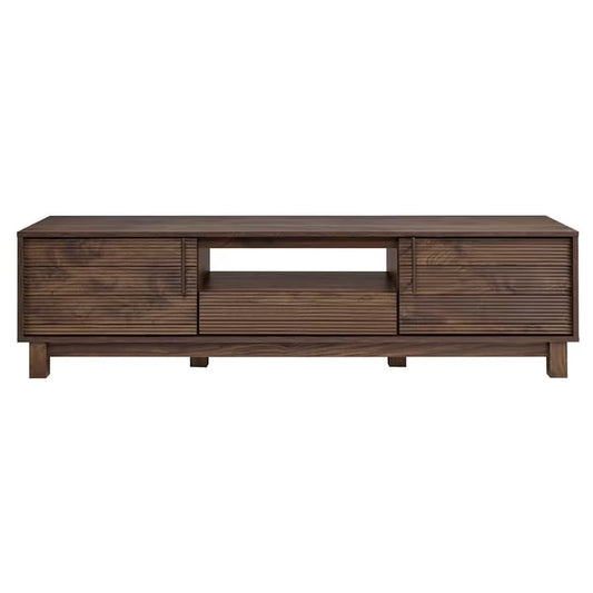Mid-Century Modern Low Profile Entertainment TV Stand for 70/65/60/55 Inch TV, Farmhouse Entertainment Center with 2 Fluted Door and Storage Living Room, Walnut