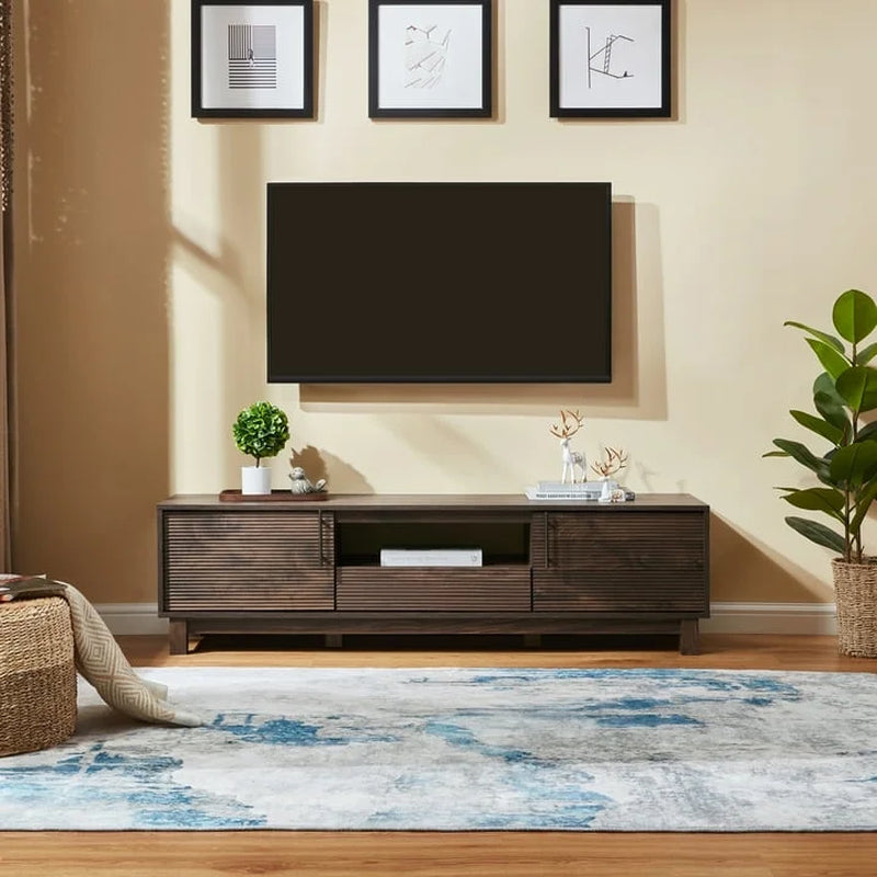 Mid-Century Modern Low Profile Entertainment TV Stand for 70/65/60/55 Inch TV, Farmhouse Entertainment Center with 2 Fluted Door and Storage Living Room, Walnut