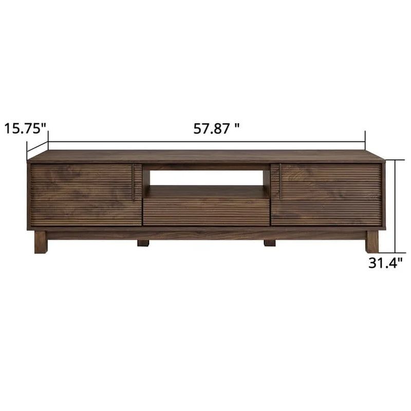 Mid-Century Modern Low Profile Entertainment TV Stand for 70/65/60/55 Inch TV, Farmhouse Entertainment Center with 2 Fluted Door and Storage Living Room, Walnut